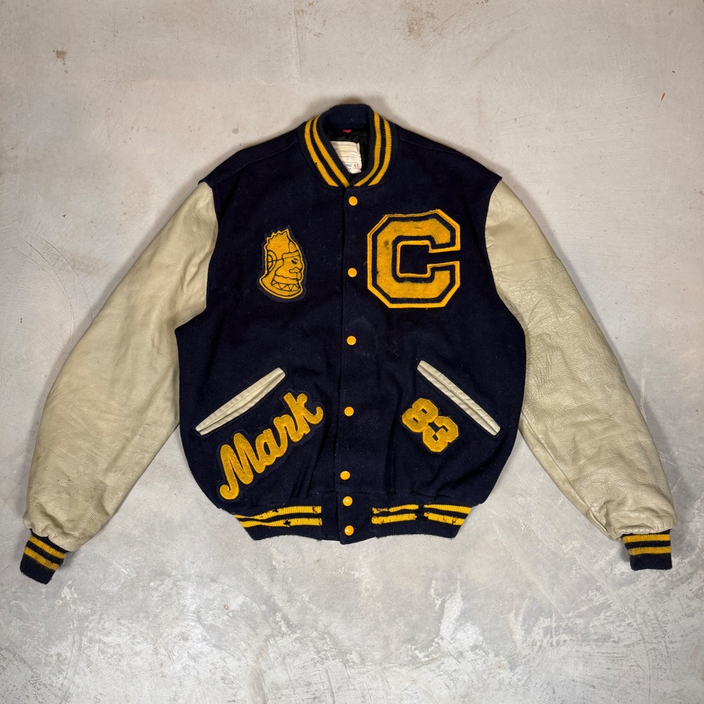 Vintage 1983 DeLONG Varsity Jacket Navy Blue Wool Leather Sleeves‎ Mens 46 Long